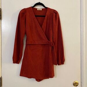 Faux Suede V Neck Wrap Skort Dress